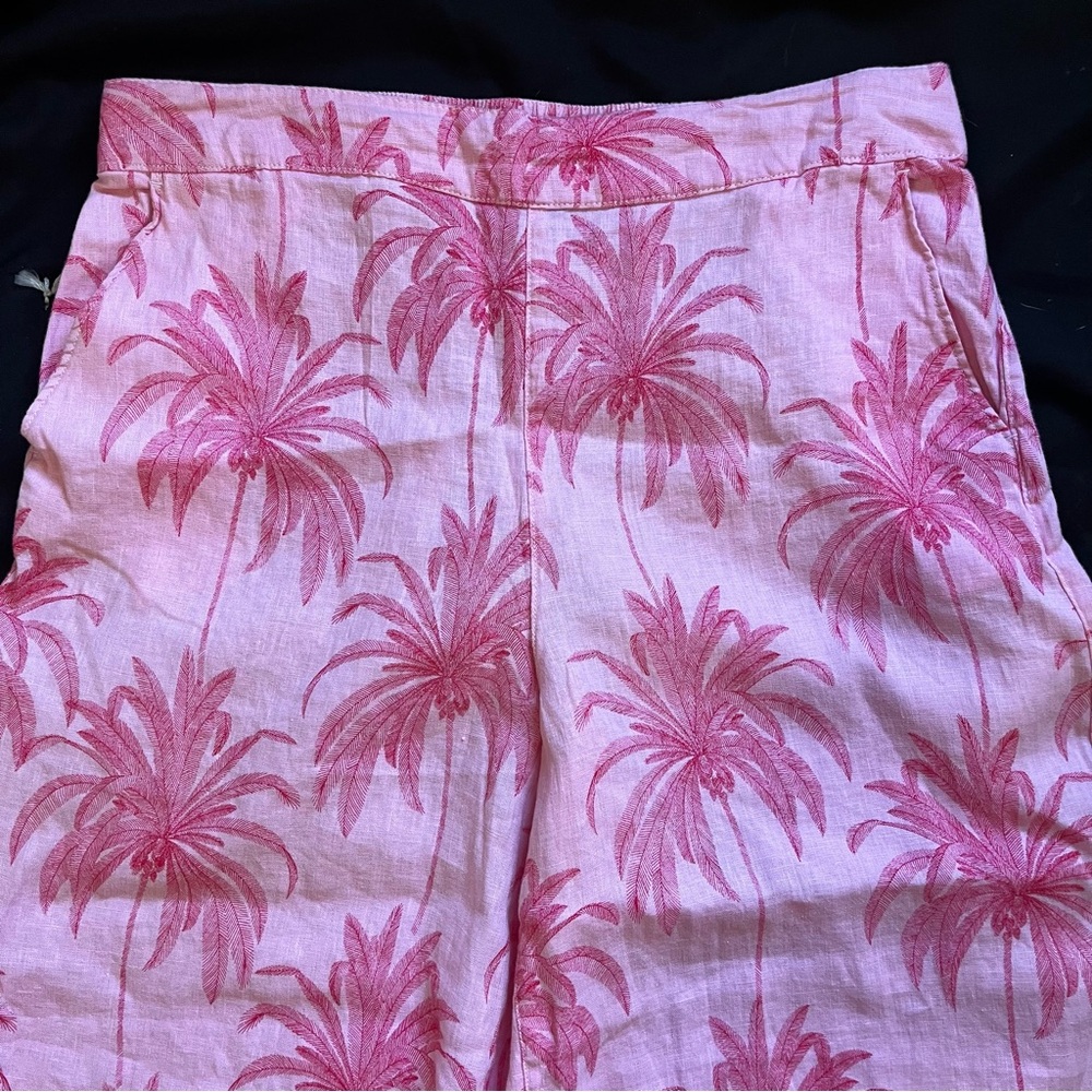 Tahari Pants Womens XL Pink Palm Leaf Linen Wide Leg Drawstring Pockets - Picture 8 of 9